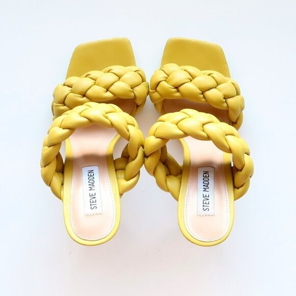 Steve Madden Kenley Yellow Braided Strap High Heel Square Toe Sandals Shoes 6.5 - Picture 5 of 16